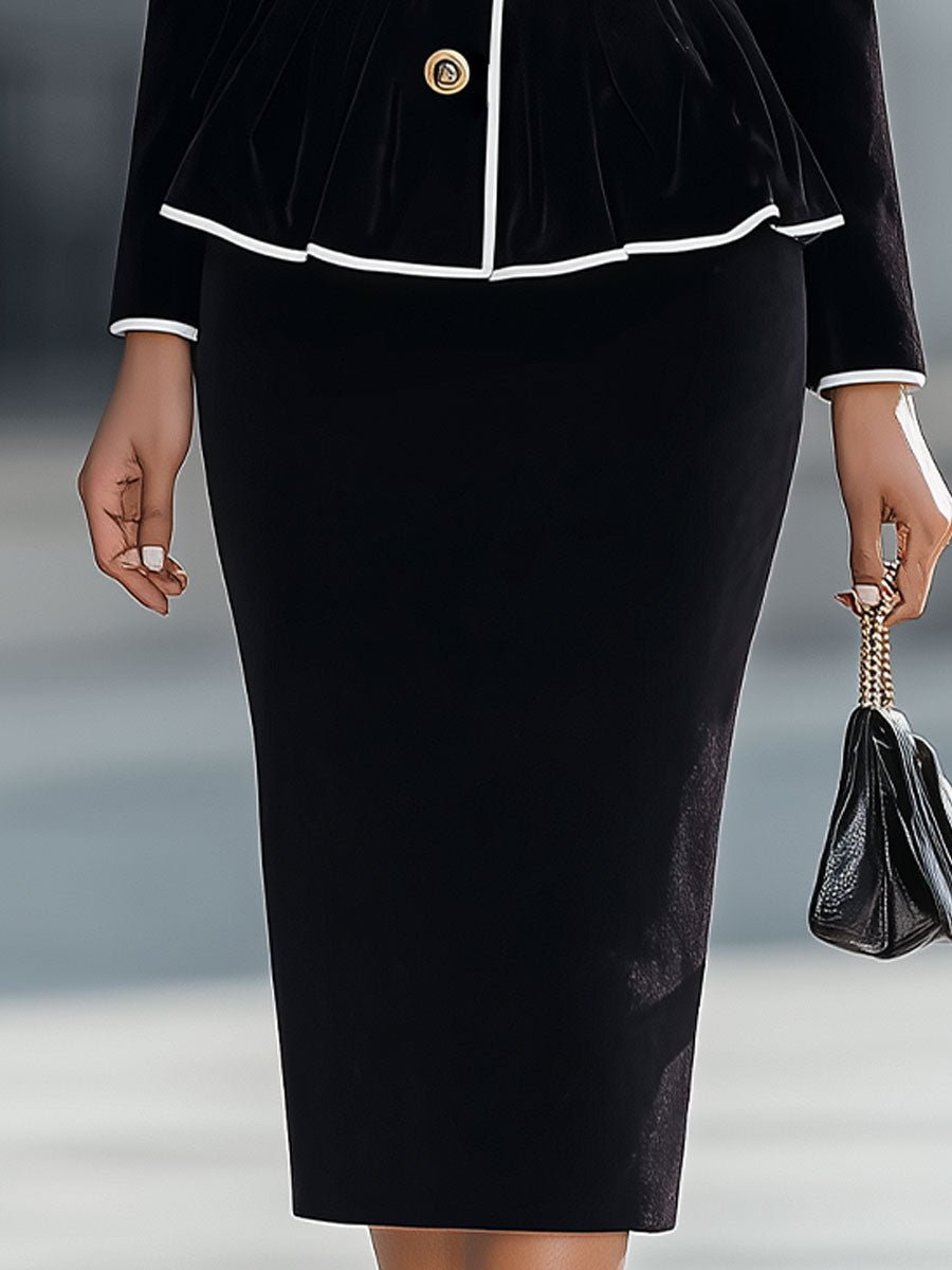 Elegant Black Velvet Peplum Jacket & Pencil Skirt Set - Aurahers