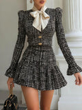 Chicnery Satin Bow Tie Black Tweed Bell-sleeves Top And Pleated Skirt Suits