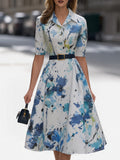 White & Blue Ink Floral Shirt Dress With Belt Midi Dress