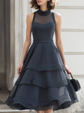 High-Neck Sheer Panel Tiered Ruffle Midi Dress
