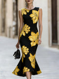 Sleeveless Yellow Lily Floral Mermaid Midi Dress