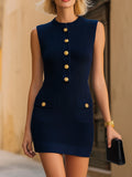 Sleeveless Ribbed Knit Gold Button Pocket Mini Dress