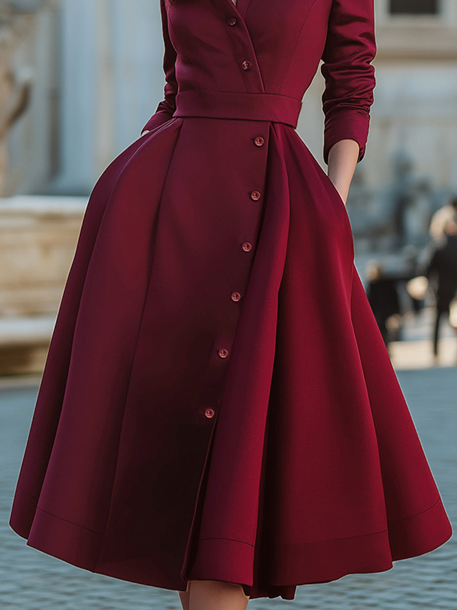 Elegant Band Collar Button-Down Midi Dress With Belt