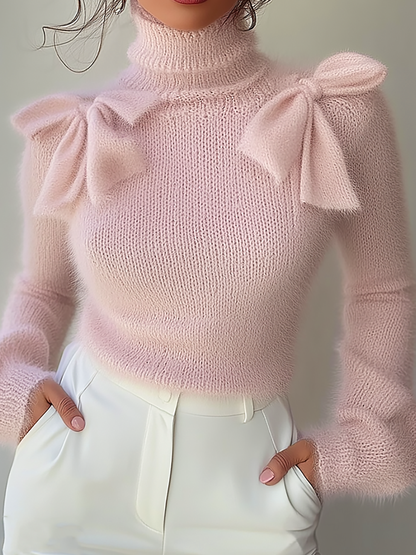 Pink Turtleneck Sweater With Bow Details On Shoulders
