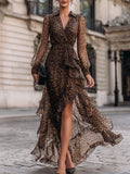 Leopard Print Wrap Maxi Dress With Ruffled Hem
