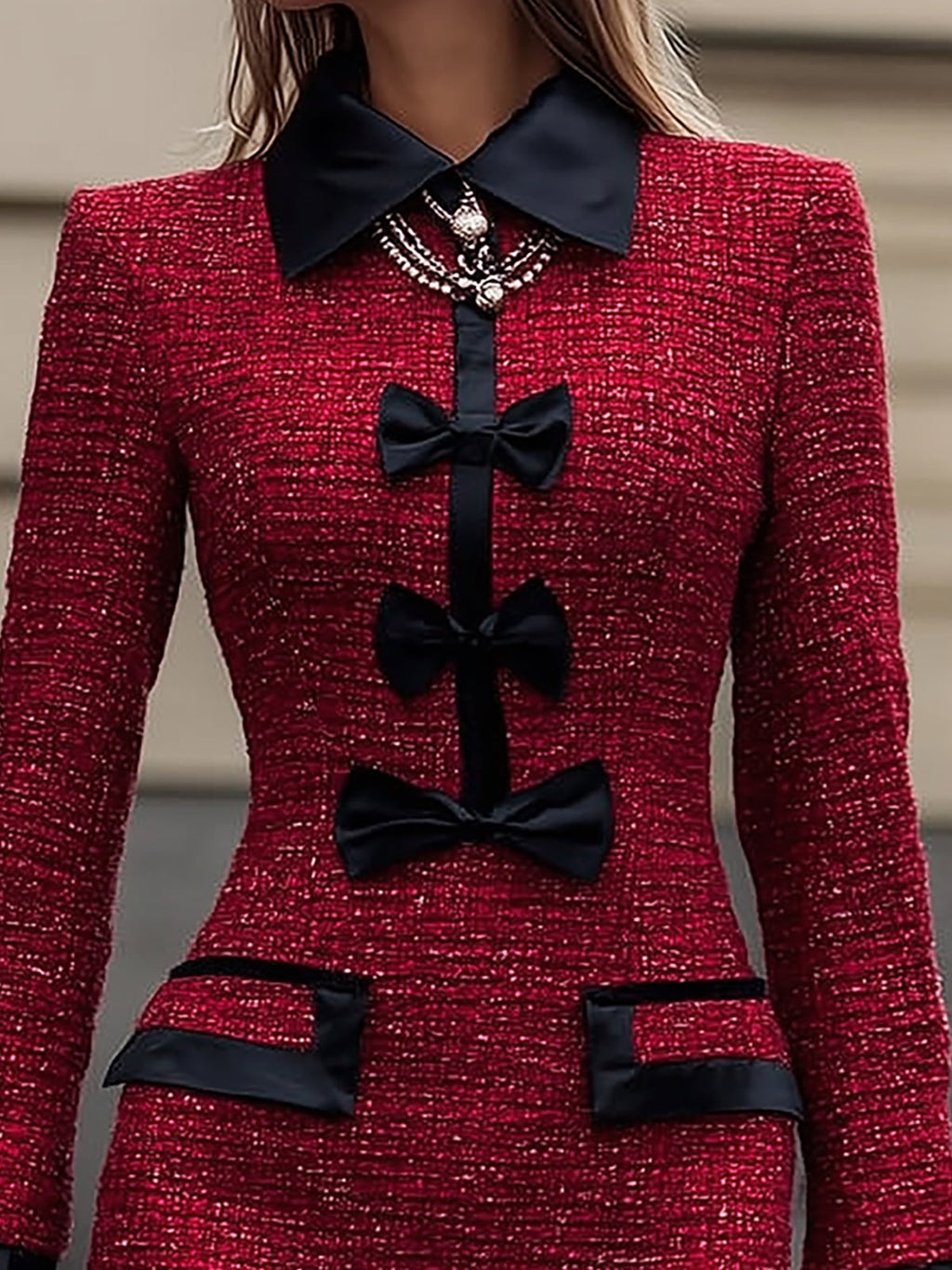 Red Tweed Dress With Black Trims