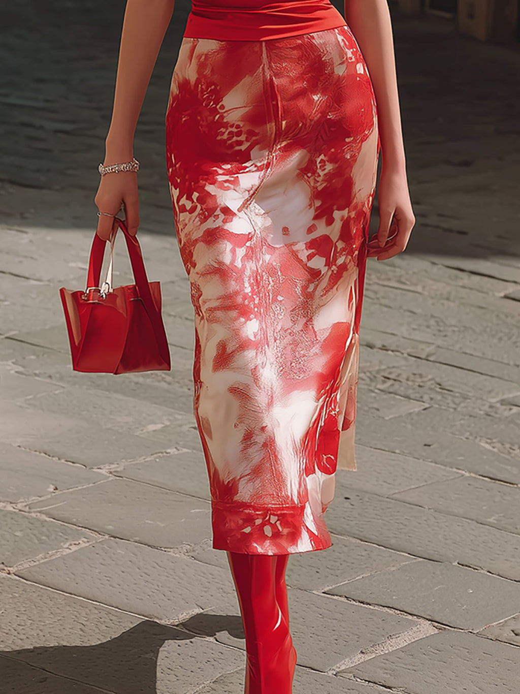 Elegant Red Satin Floral Midi Skirt Set