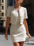 White Tweed Cropped Jacket Skirt Set by Stylish Polish 