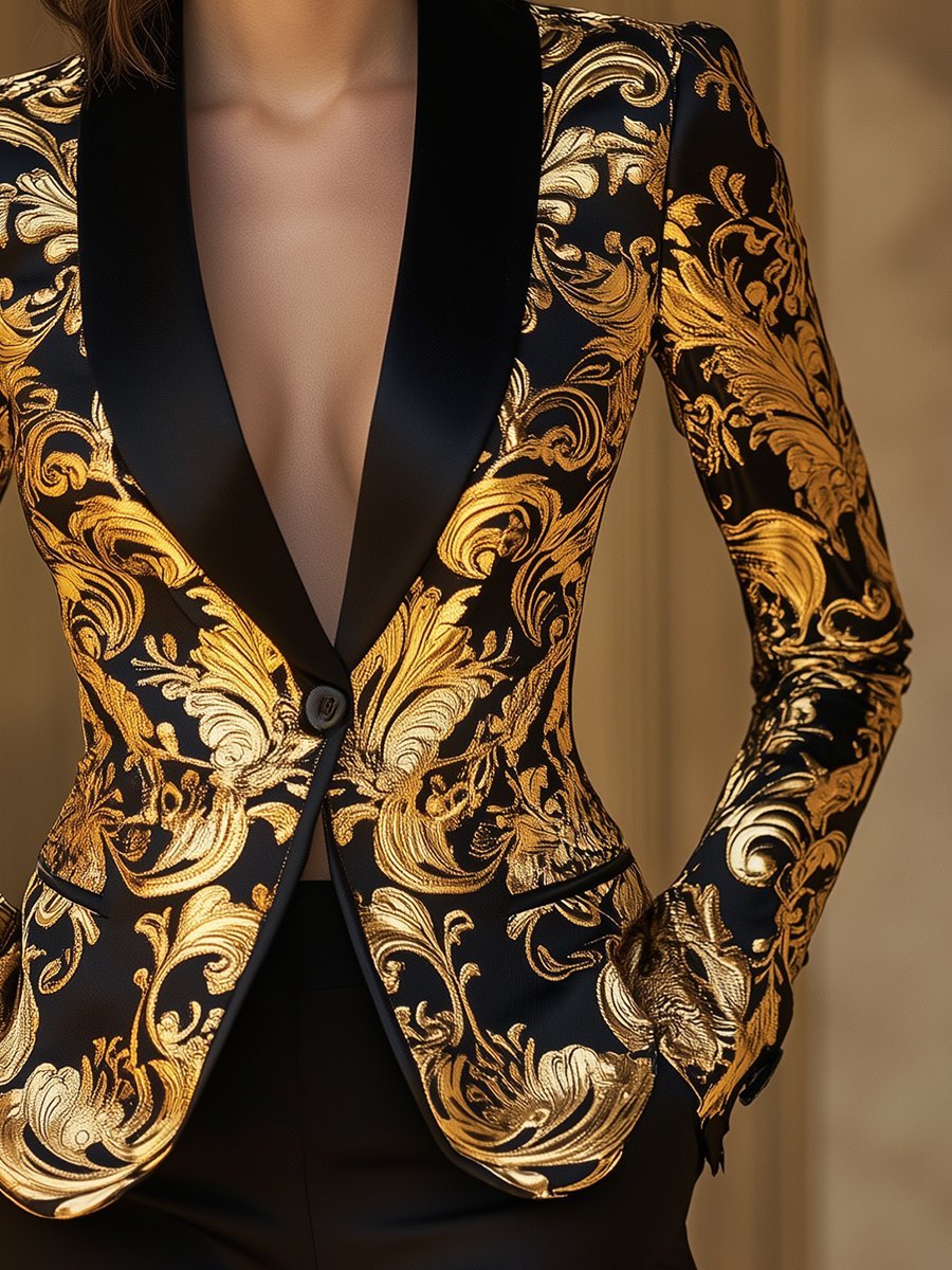 Elegant Black and Gold Floral Baroque Blazer- Aurahers