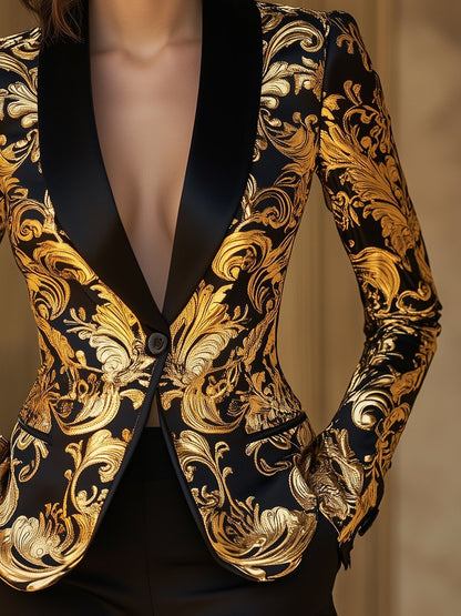 Elegant Black and Gold Floral Baroque Blazer- Aurahers