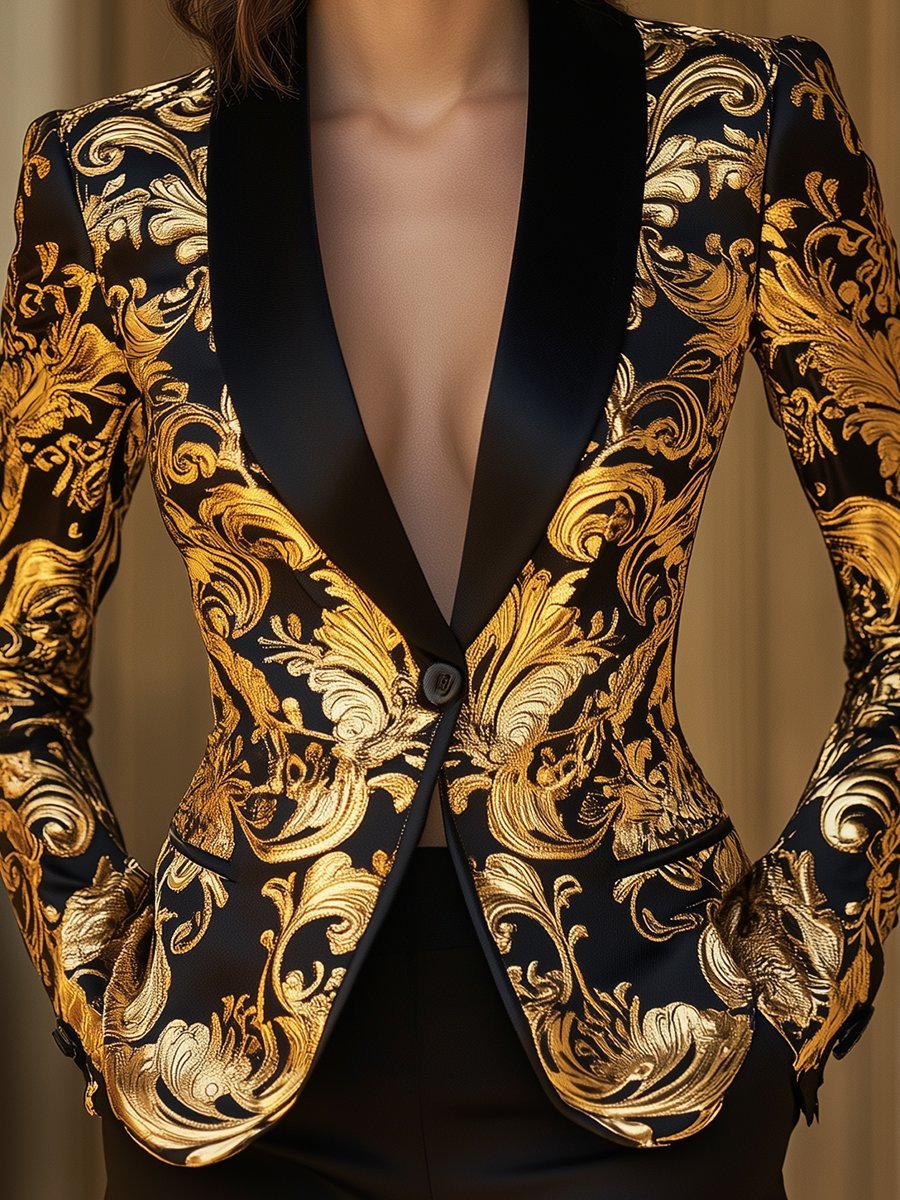 Elegant Black and Gold Floral Baroque Blazer- Aurahers