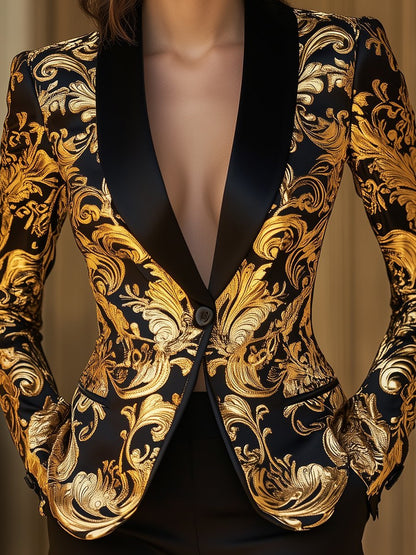 Elegant Black and Gold Floral Baroque Blazer- Aurahers