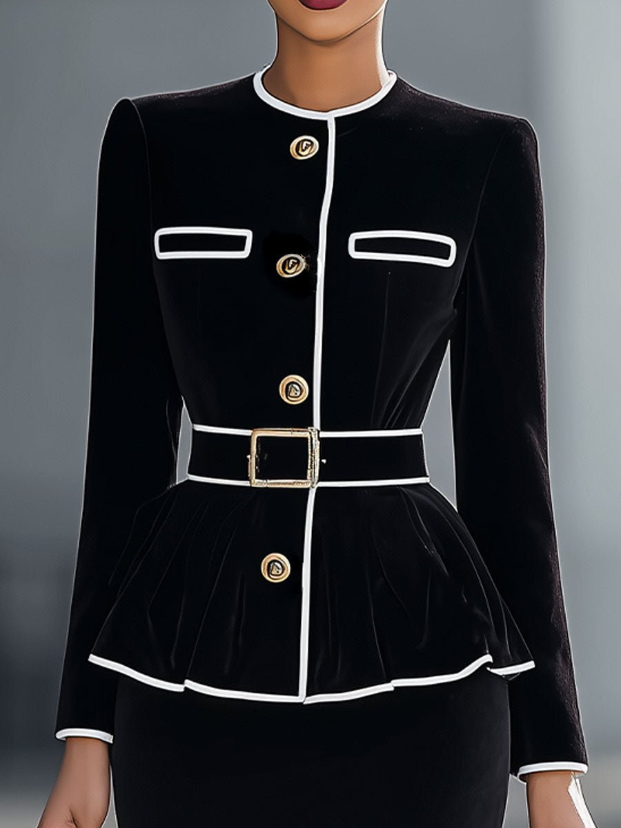 Elegant Black Velvet Peplum Jacket & Pencil Skirt Set - Aurahers