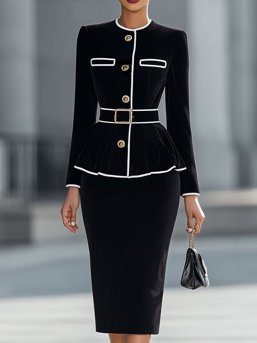 Elegant Black Velvet Peplum Jacket & Pencil Skirt Set - Aurahers