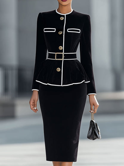 Elegant Black Velvet Peplum Jacket & Pencil Skirt Set - Aurahers