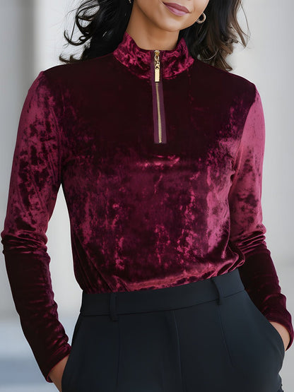 Elegant Velvet Zip-Front Turtleneck Top -Aurahers