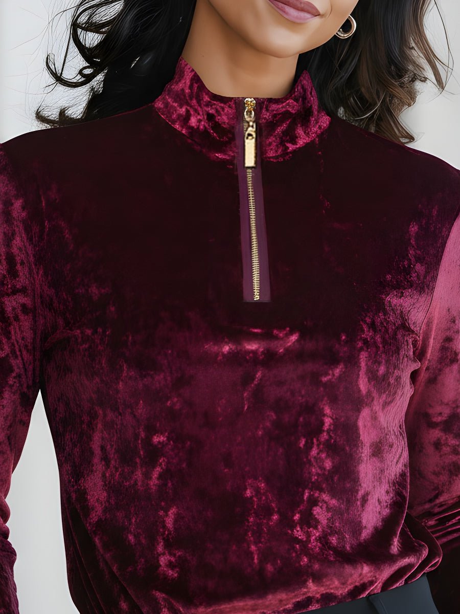 Elegant Velvet Zip-Front Turtleneck Top -Aurahers