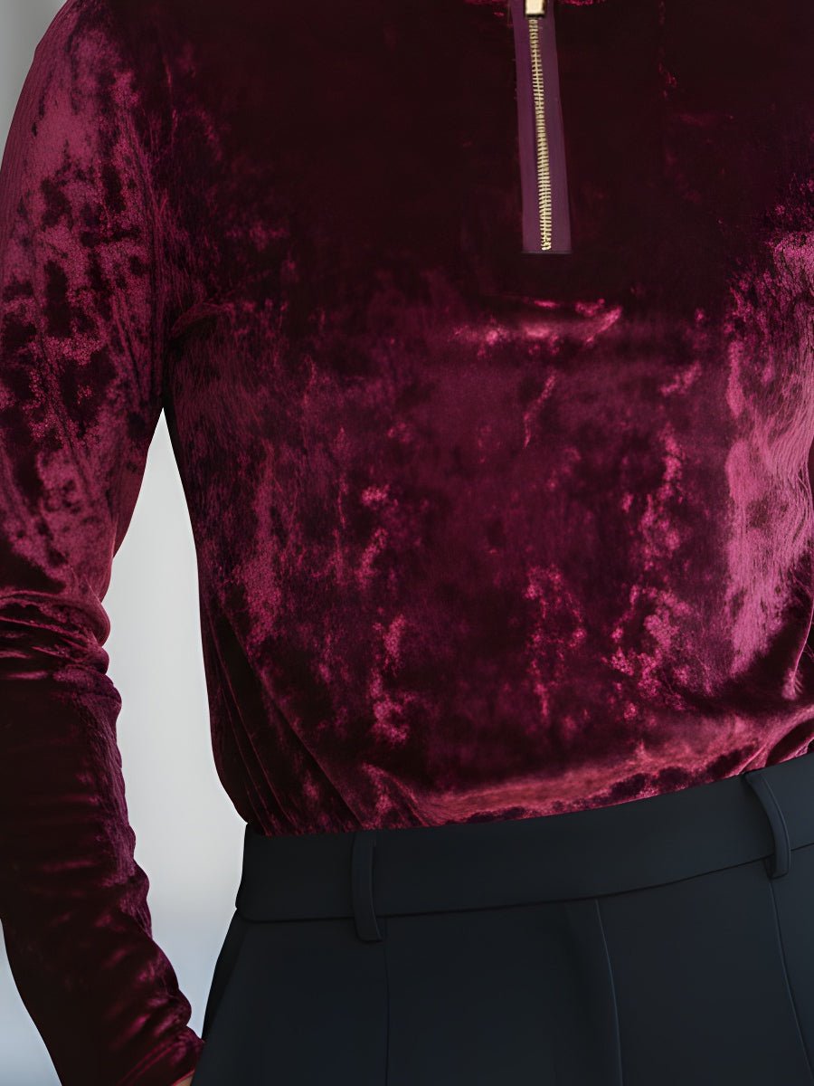 Elegant Velvet Zip-Front Turtleneck Top -Aurahers