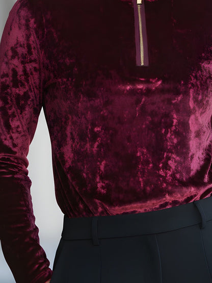 Elegant Velvet Zip-Front Turtleneck Top -Aurahers