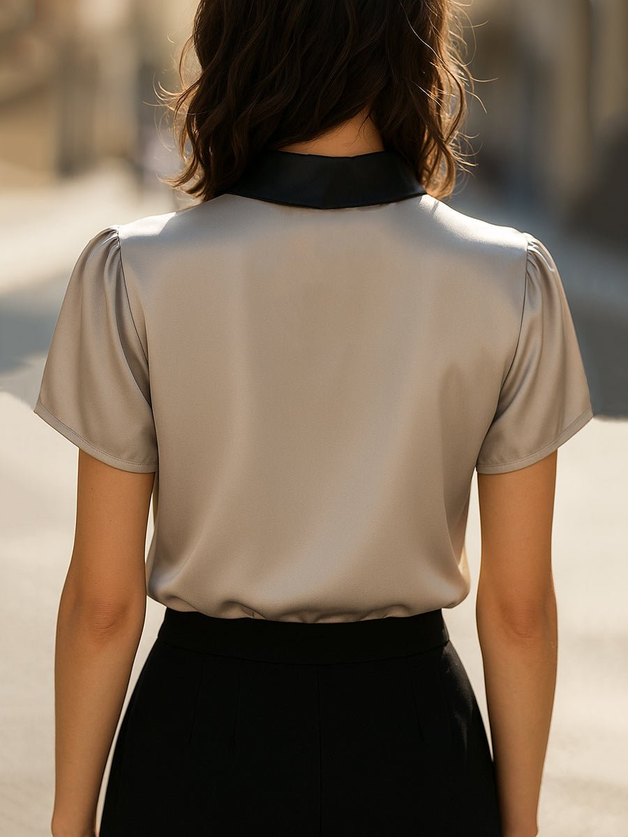 Luxury Contrast Collar Satin Keyhole Blouse - Aurahers