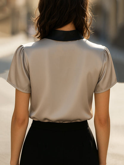 Luxury Contrast Collar Satin Keyhole Blouse - Aurahers