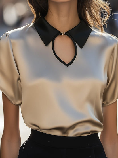 Luxury Contrast Collar Satin Keyhole Blouse - Aurahers