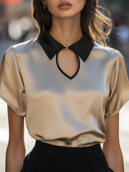Luxury Contrast Collar Satin Keyhole Blouse - Aurahers