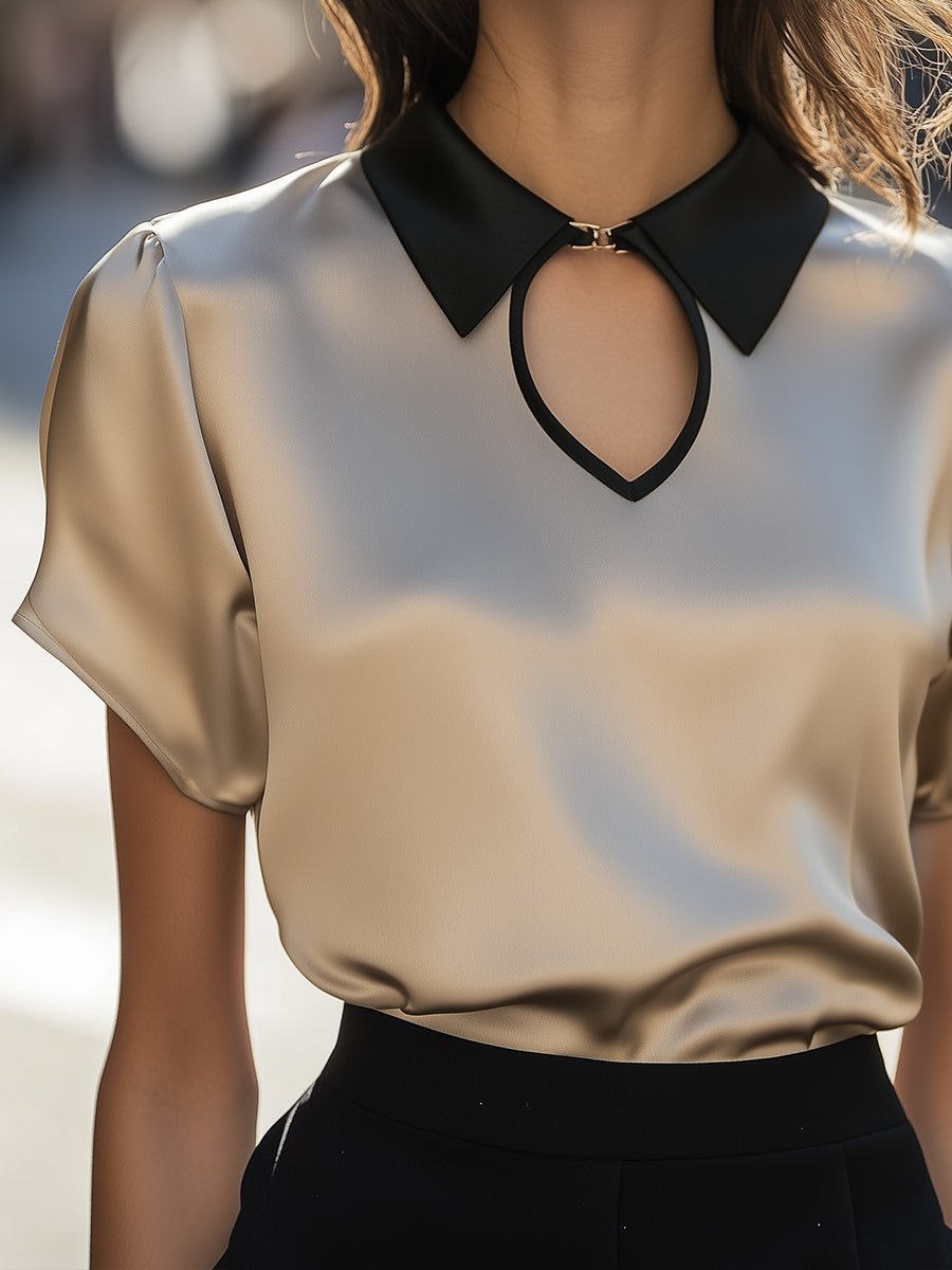 Luxury Contrast Collar Satin Keyhole Blouse - Aurahers