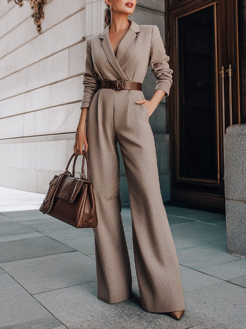 Luxury Taupe Belted Blazer Jumpsuit - Aurahers