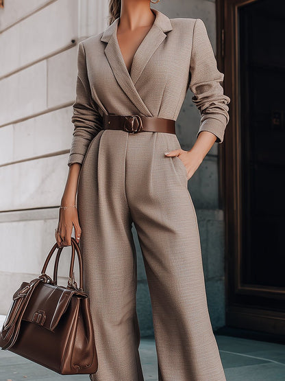 Luxury Taupe Belted Blazer Jumpsuit - Aurahers